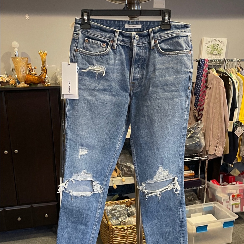 GRLFRND The Karolina Jeans Light Blue Distressed Denim Raw Hem Size 27 NWT